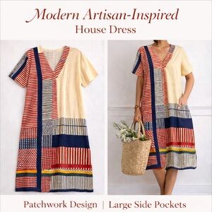 Modern Artisan House Dress | Indian Inspired Patchwork Print | Side Pockets | M